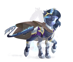Size: 540x456 | Tagged: safe, artist:artistgenepal-art, oc, oc only, pony, unicorn, armor, cloak, clothes, crown, eye mist, horn, jewelry, leonine tail, male, obtrusive watermark, offspring, parent:king sombra, parent:radiant hope, parents:hopebra, regalia, simple background, smiling, solo, speedpaint available, stallion, unicorn oc, watermark, white background