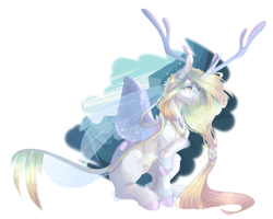 Size: 540x431 | Tagged: safe, artist:artistgenepal-art, oc, oc only, changeling, changepony, hybrid, pony, antlers, changeling oc, female, hair jewelry, hair physics, hair tie, horn, horns, hybrid oc, insect wings, interspecies offspring, jewelry, leonine tail, long mane, mane physics, mare, offspring, parent:princess celestia, parent:thorax, parents:thoralestia, regalia, simple background, solo, speedpaint available, transparent wings, unicorn oc, white background, wings