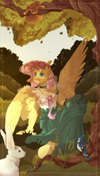 Size: 1090x1920 | Tagged: safe, artist:artistgenepal-art, fluttershy, bird, blue jay, pegasus, rabbit, squirrel, anthro, unguligrade anthro, g4, animal, braid, clothes, collar, dress, female, forest, hand on chest, looking up, mare, sitting, smiling, solo, tree
