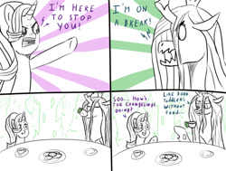 Size: 1024x773 | Tagged: safe, artist:paw-of-darkness, queen chrysalis, starlight glimmer, changeling, changeling queen, pony, unicorn, g4, atg 2021, comic, duo, duo female, female, magic, mare, newbie artist training grounds, telekinesis, text