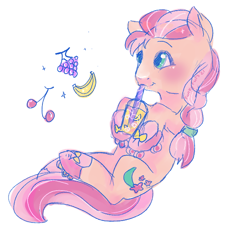 Size: 636x589 | Tagged: safe, artist:erieillustrates, sunny starscout, earth pony, pony, g5, banana, blushing, braid, cherry, cup, cute, drink, drinking, female, food, grapes, herbivore, hoof hold, mare, roller skates, simple background, skates, smiling, solo, straw, sunnybetes, tail, toy interpretation, unshorn fetlocks, white background