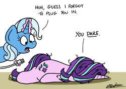 Size: 2000x1414 | Tagged: safe, artist:bobthedalek, starlight glimmer, trixie, pony, unicorn, g4, atg 2021, cable, charger, dialogue, female, implied anal insertion, implied insertion, inconvenient trixie, mare, messy hair, messy mane, messy tail, newbie artist training grounds, this will end in gulag, usb, usb cable