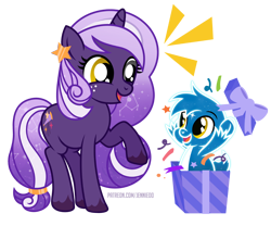 Size: 1200x999 | Tagged: safe, artist:jennieoo, oc, oc:midnight twinkle, oc:ursa minor, bear, pony, unicorn, birthday, box, constellation, constellation hair, duo, ethereal mane, happy, pony in a box, present, show accurate, simple background, smiling, starry mane, transparent background, vector