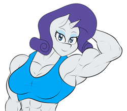 Size: 1147x1001 | Tagged: safe, artist:matchstickman, edit, editor:dinoknight12, rarity, anthro, g4, abs, bicep, breasts, clothes, female, flexing, lidded eyes, looking at you, muscles, muscular female, pose, ripped rarity, simple background, smiling, solo, sports bra, white background
