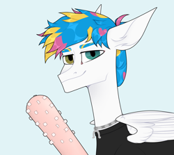 Size: 2800x2500 | Tagged: safe, artist:tea_sediment, pegasus, pony, awsten knight, baseball bat, bust, clothes, commission, dyed mane, folded wings, high res, horseshoes, jewelry, light blue background, male, necklace, ponified, shirt, simple background, solo, stallion, t-shirt, toothbat, waterparks, wings, ych result