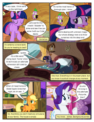 Size: 612x792 | Tagged: safe, artist:newbiespud, edit, edited screencap, screencap, applejack, rarity, spike, twilight sparkle, dragon, earth pony, pony, unicorn, comic:friendship is dragons, g4, magical mystery cure, applejack's hat, bed, book, comic, cowboy hat, dialogue, eyelashes, female, golden oaks library, hat, horn, indoors, male, mare, pillow, raised hoof, sad, screencap comic, thinking, underhoof, unicorn twilight