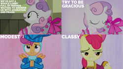 Size: 1280x720 | Tagged: safe, edit, edited screencap, editor:quoterific, screencap, apple bloom, scootaloo, sweetie belle, earth pony, pegasus, pony, unicorn, for whom the sweetie belle toils, g4, season 4, adorabelle, adorabloom, apple bloom's bow, bow, clothes, cute, cutealoo, cutie mark crusaders, dress, eyes closed, female, filly, hair bow, hat, hennin, ocbetes, open mouth, smiling