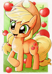 Size: 4093x5787 | Tagged: safe, artist:konanachi, applejack, earth pony, pony, g4, absurd file size, absurd resolution, apple, applejack's hat, cowboy hat, cute, female, food, hat, jackabetes, mare, open mouth, open smile, raised hoof, signature, smiling, solo