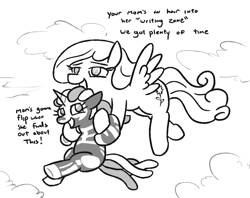 Size: 809x642 | Tagged: safe, artist:jargon scott, oc, oc only, oc:nyxzala, oc:snowdrop, hybrid, pegasus, pony, unicorn, zony, black and white, blind, carrying, dialogue, duo, female, filly, flying, grayscale, magical lesbian spawn, mare, monochrome, offspring, older, older snowdrop, parent:oc:nyx, parent:oc:zala, parents:oc x oc