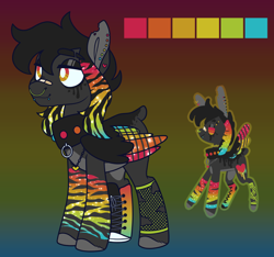 Size: 2160x2025 | Tagged: safe, artist:glowfangs, oc, oc only, unnamed oc, pegasus, pony, bandaid, bandaid on nose, clothes, collar, colored wings, dock, ear piercing, eyebrow piercing, eyebrow slit, eyebrows, femboy, fishnet stockings, high res, male, markings, multicolored wings, no tail, nose piercing, nose ring, piercing, rainbow feathers, rainbow wings, scene, shoes, snake bites, solo, stallion, white pupils, wings