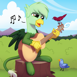 Size: 2048x2048 | Tagged: safe, artist:whitequartztheartist, oc, oc only, oc:gregory griffin, bird, griffon, griffon oc, guitar, high res, mountain, music notes, musical instrument, scenery, singing, solo, tree stump