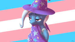 Size: 3840x2160 | Tagged: safe, artist:dmann892, trixie, pony, unicorn, g4, brooch, cape, clothes, female, hat, high res, jewelry, mare, pride, pride flag, solo, trans female, trans trixie, transgender, transgender pride flag, trixie's brooch, trixie's cape, trixie's hat