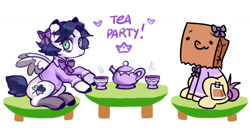Size: 1500x800 | Tagged: safe, artist:lunnita_pony, artist:paperbagpony, oc, oc:lunnita, oc:paper bag, earth pony, pegasus, pony, bow, collaboration, cup, fake cutie mark, tea party, teacup