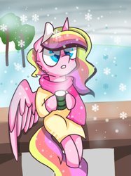 Size: 899x1200 | Tagged: safe, artist:joy乐乐, oc, oc only, oc:twilight nana, alicorn, pony, pony town, alicorn oc, blue eyes, clothes, drink, female, horn, mare, mug, multicolored hair, pink coat, scarf, sitting, snow, snowfall, tree, wings