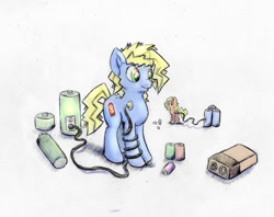 Size: 1400x1108 | Tagged: safe, artist:nedemai, oc, oc only, earth pony, pony, atg 2021, battery, charging, duo, earth pony oc, newbie artist training grounds, paper background