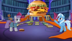 Size: 1280x720 | Tagged: safe, artist:heyitshayburgers, edit, edited screencap, screencap, maud pie, trixie, earth pony, pony, unicorn, g4, season 7, uncommon bond, burger, cheeseburger, food, hamburger, mcdonald's, mcrib