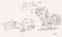 Size: 1813x1078 | Tagged: safe, artist:lost marbles, maud pie, pinkie pie, earth pony, pony, g4, atg 2021, bags under eyes, dialogue, duo, duo female, exhausted, female, floppy ears, frown, looking at each other, lying down, mare, newbie artist training grounds, open mouth, pencil drawing, prone, talking, traditional art, underhoof