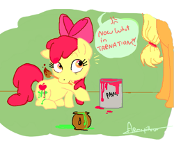 Size: 597x484 | Tagged: safe, artist:armapillow, apple bloom, applejack, earth pony, pony, g4, bodypaint, cutie mark, fake cutie mark, female, filly, mare, paint, speech bubble, surprised