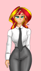 Size: 1000x1750 | Tagged: safe, artist:zachc, sunset shimmer, human, g4, alternate clothes, clothes, female, humanized, looking at you, necktie, solo