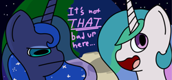 Size: 1507x700 | Tagged: safe, artist:melodysketch, princess celestia, princess luna, alicorn, pony, g4, cel shading, dialogue, duo, duo female, female, luna is not amused, missing accessory, moon, on the moon, planet, simple shading, space, unamused