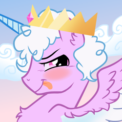 Size: 1920x1920 | Tagged: safe, artist:melonmilk, derpibooru exclusive, oc, oc only, oc:dewy downcast, alicorn, pony, alicorn oc, blushing, bust, cloud, crown, horn, jewelry, male, male alicorn, portrait, regalia, rule 63, show accurate, sky, sky background, solo, stallion, tongue out, wings