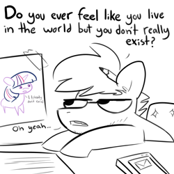 Size: 3000x3000 | Tagged: safe, artist:tjpones, twilight sparkle, oc, oc:tjpones, earth pony, pony, unicorn, g4, black and white, desk, dialogue, drawing, grayscale, high res, male, monochrome, partial color, pencil, pencil behind ear, stallion, unicorn twilight