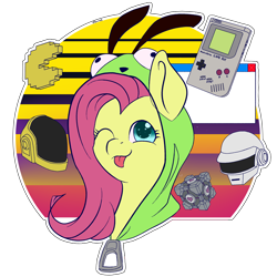 Size: 2160x2160 | Tagged: safe, artist:darmetyt, fluttershy, pegasus, pony, antonymph, cutiemarks (and the things that bind us), vylet pony, g4, ;p, companion cube, daft punk, female, fluttgirshy, game boy, gir, high res, invader zim, mare, one eye closed, pac-man, portal (valve), simple background, solo, tongue out, transparent background, vaporwave, zipper