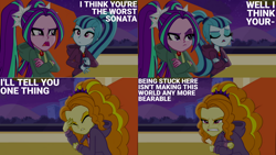 Size: 1280x720 | Tagged: safe, edit, edited screencap, editor:quoterific, screencap, adagio dazzle, aria blaze, sonata dusk, equestria girls, g4, my little pony equestria girls: rainbow rocks, cafeteria, clothes, crossed arms, eyes closed, female, jacket, open mouth, teeth, the dazzlings