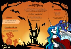 Size: 1792x1244 | Tagged: safe, artist:x-fang-z, oc, oc only, oc:dark sky lightning, oc:reconcile ribbon, bat pony, ghost, pony, undead, bat pony oc, bat wings, castle, clothes, fangs, female, gravestone, halloween, mare, text, wings