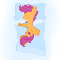 Size: 3600x3600 | Tagged: safe, artist:_rynn, rainbow dash, scootaloo, pegasus, pony, g4, blanket, ear fluff, eyes closed, female, filly, foal, high res, lying down, on side, pillow, plushie, rainbow dash plushie, sleeping, smiling, solo, spread wings, the cmc's cutie marks, wings