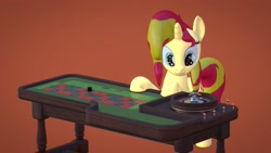 Size: 3820x2160 | Tagged: safe, artist:wissle, sunset shimmer, pony, unicorn, g4, 3d, atg 2021, blender, female, gambling, high res, mare, newbie artist training grounds, roulette, simple background, smiling, solo, winning