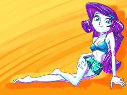 Size: 2224x1668 | Tagged: safe, artist:xjleiu, rarity, equestria girls, g4, barefoot, belly button, breasts, cleavage, clothes, feet, female, legs, pose, shorts, sleeveless, solo, summer, wiggling toes
