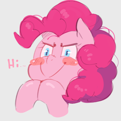 Size: 900x900 | Tagged: safe, artist:talimingi, pinkie pie, earth pony, pony, g4, blushing, bust, hi, hooves together, mischievous, mischievous grin, simple background, smiling