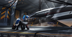 Size: 3000x1543 | Tagged: safe, artist:redchetgreen, oc, oc only, oc:cloud zapper, pegasus, pony, butt, clothes, hangar, helmet, male, mass effect, normandy, plot, slender, solo, spaceship, stallion, suit, thin