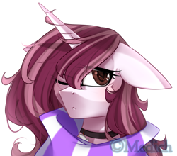 Size: 1511x1327 | Tagged: safe, artist:mediasmile666, oc, oc only, pony, unicorn, bust, clothes, female, floppy ears, looking at you, mare, one eye closed, scarf, simple background, solo, white background