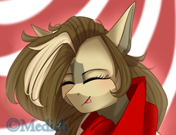 Size: 1708x1306 | Tagged: safe, artist:mediasmile666, oc, oc only, pony, abstract background, bust, clothes, eyes closed, female, mare, scarf, smiling, solo, tongue out