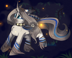 Size: 2731x2196 | Tagged: safe, artist:mediasmile666, oc, oc only, firefly (insect), insect, pony, unicorn, coat markings, collar, curved horn, female, high res, horn, mare, night, solo, underhoof, unshorn fetlocks