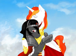 Size: 1400x1024 | Tagged: artist needed, source needed, safe, king sombra, oc, oc:king phoenix, alicorn, pony, umbrum, unicorn, g4, alicorn oc, cape, clothes, crown, duo, horn, hugging a pony, jewelry, male, regalia, sky, stallion, wings