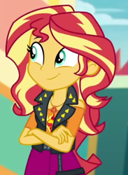 Size: 320x438 | Tagged: safe, screencap, sunset shimmer, equestria girls, equestria girls series, g4, rollercoaster of friendship, clothes, cropped, crossed arms, cute, cutie mark, cutie mark on clothes, female, geode of empathy, magical geodes, shimmerbetes, smiling, solo