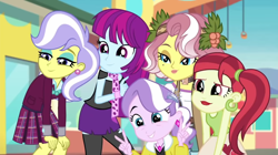 Size: 1920x1078 | Tagged: safe, screencap, diamond tiara, mystery mint, rose heart, upper crust, vignette valencia, equestria girls, equestria girls specials, g4, my little pony equestria girls: better together, my little pony equestria girls: rollercoaster of friendship, clothes, crystal prep academy uniform, ear piercing, earring, female, jewelry, peace sign, piercing, school uniform