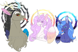 Size: 1113x743 | Tagged: safe, artist:malinraf1615, discord, princess celestia, princess luna, alicorn, draconequus, pony, g4, :p, bust, forked tongue, pink-mane celestia, portrait, s1 luna, tongue out, watermark, young, younger
