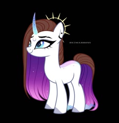Size: 1080x1117 | Tagged: safe, artist:sia.brony, oc, oc only, pony, unicorn, black background, colored hooves, ear piercing, earring, ethereal mane, eyelashes, eyeliner, female, horn, jewelry, makeup, mare, piercing, simple background, smiling, solo, starry mane, unicorn oc