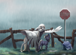 Size: 2768x2000 | Tagged: safe, artist:28gooddays, artist:holka13, derpy hooves, dinky hooves, pegasus, pony, unicorn, g4, bag, collaboration, day, duo, duo female, equestria's best mother, female, fence, filly, flower, high res, mare, mother and child, mother and daughter, puddle, rain, stop sign, wing umbrella, wings
