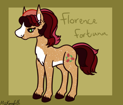 Size: 1750x1500 | Tagged: safe, artist:misskanabelle, oc, oc only, oc:florence fortuna, earth pony, pony, abstract background, chest fluff, ear fluff, earth pony oc, female, mare, offspring, parent:cherry jubilee, parent:trouble shoes, parents:cherryshoes, signature, solo, unshorn fetlocks