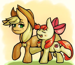 Size: 1543x1350 | Tagged: safe, artist:kyouman1010, apple bloom, applejack, earth pony, pony, g4, apple, balancing, blushing, eyes closed, female, filly, food, mare, ponies balancing stuff on their nose, raised hoof, raised leg, siblings, sisters, standing on two hooves, tongue out