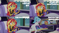 Size: 1280x720 | Tagged: safe, edit, edited screencap, editor:quoterific, screencap, rarity, sunset shimmer, driving miss shimmer, equestria girls, equestria girls series, g4, bracelet, clothes, cutie mark, cutie mark on clothes, driving miss shimmer: rarity, female, geode of empathy, jacket, jewelry, leather, leather jacket, limousine, magical geodes, male, necklace, rarity peplum dress, seatbelt, steering wheel, wide eyes