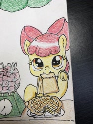 Size: 1536x2048 | Tagged: safe, artist:tmtmbrony, apple bloom, earth pony, pony, g4, apple, bag, cake, food, frog (hoof), looking at you, mouth hold, offscreen character, paper bag, pie, pov, scale, solo, traditional art, underhoof