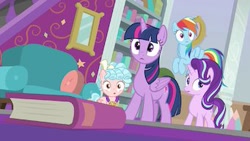 Size: 341x192 | Tagged: safe, screencap, cozy glow, rainbow dash, starlight glimmer, twilight sparkle, alicorn, pegasus, pony, unicorn, g4, school raze, season 8, book, female, filly, school of friendship, twilight sparkle (alicorn)