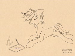 Size: 2224x1668 | Tagged: safe, artist:dash wang, oc, oc only, oc:cream brun, pony, unicorn, candle, magic, pencil, sketch, solo, yawn