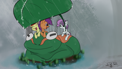 Size: 1699x956 | Tagged: safe, artist:skyresonance, apple bloom, scootaloo, sweetie belle, earth pony, frog, pegasus, pony, unicorn, g4, cutie mark crusaders, eyes closed, female, filly, leaf, micro, rain, smiling, trio